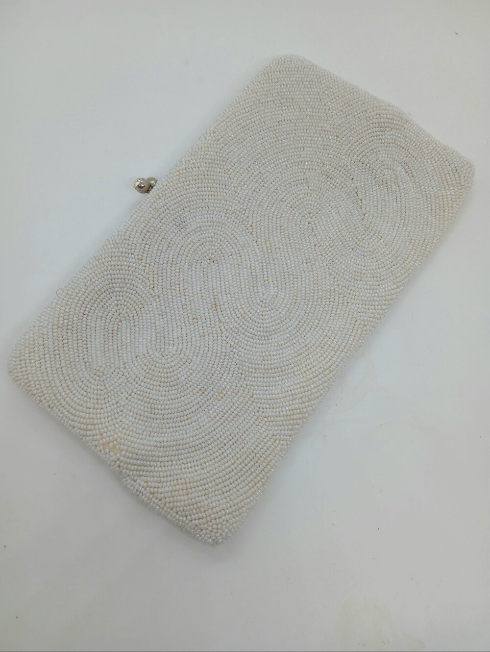 Vintage Mid-Century Bridal Beaded Evening Clutch Bag - Rhinestone Clasp Mirror